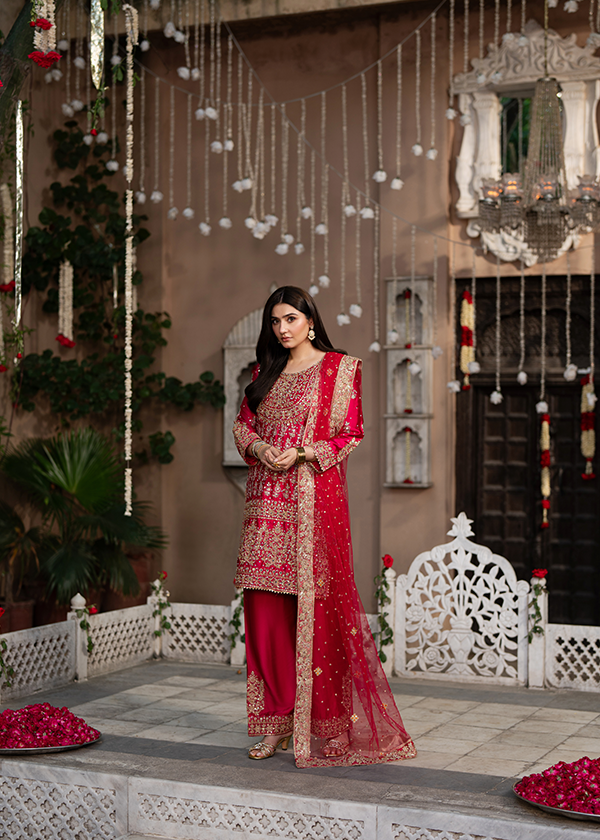 Deep Pink Hand-Embellished Charmuse Wedding Outfit Online in Sri Lanka India Australia