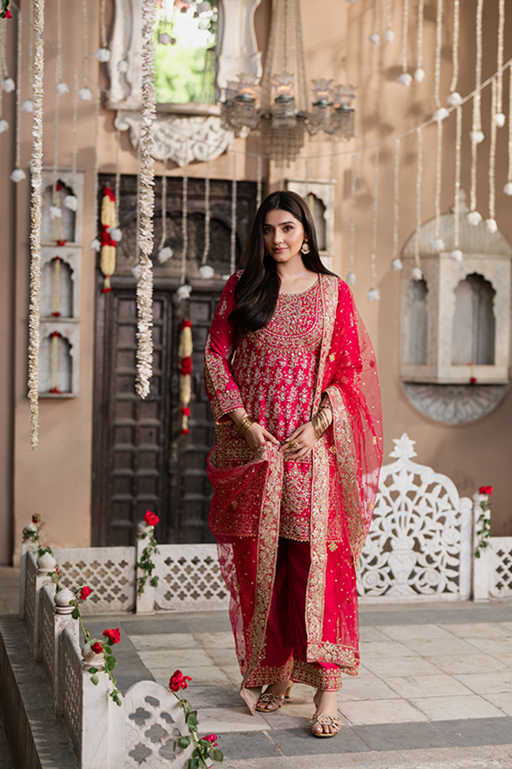 Deep Pink Hand-Embellished Charmuse Wedding Suit Online in Dubai UAE Abudhabi Ajman Sharjah
