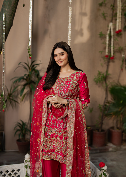 Deep Pink Zari Sequins Charmuse Suit Online in Dubai DXB UAE Abudhabi Meena Bazaar