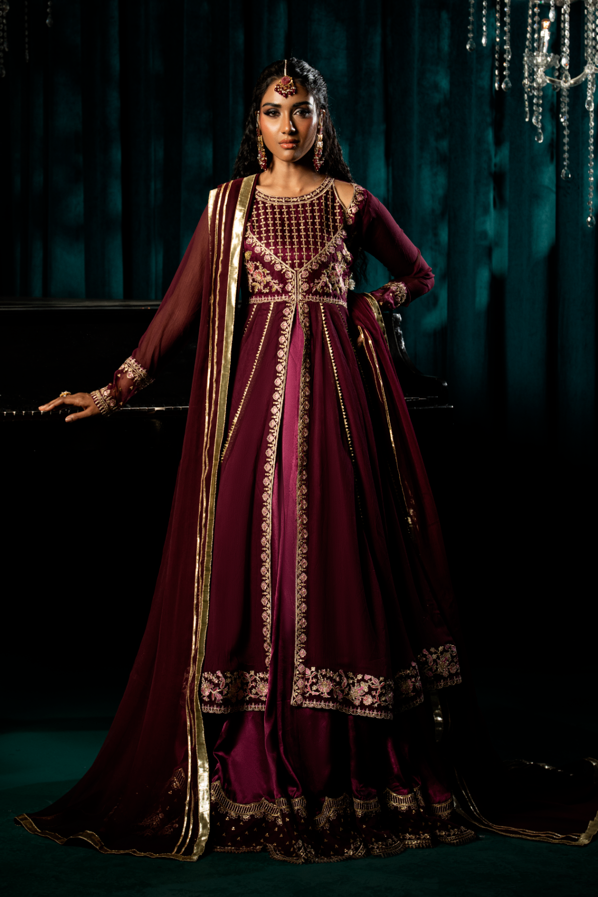 Deep Purple Golden Embroidered Chiffon Pishwas Online in Dubai DXB UAE Abudhabi Meena Bazaar