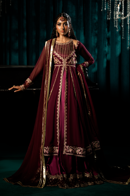 Deep Purple Golden Embroidered Chiffon Pishwas Online in Dubai DXB UAE Abudhabi Meena Bazaar