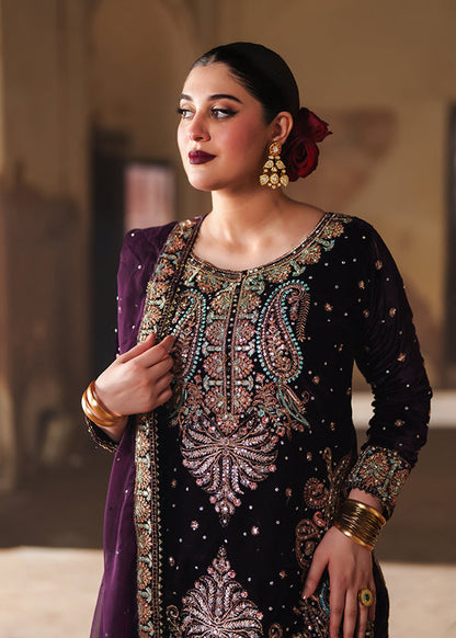 Deep Purple Hand-Embroidered Velvet Partywear Suit Online in Dubai UAE Abudhabi Ajman Sharjah