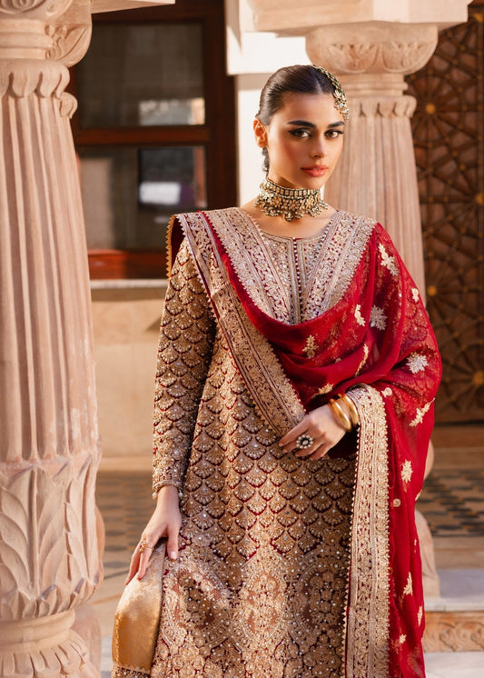 Deep Red Chiffon Gharara with Zardozi Work Online in Sri Lanka India Australia