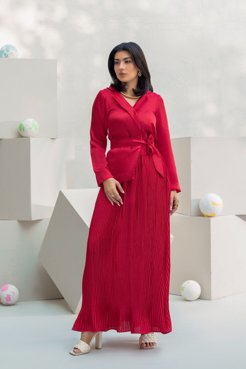 Deep Red Shamooz Silk Pleated Skirt Western Dress Online in Dubai UAE Abudhabi Ajman Sharjah