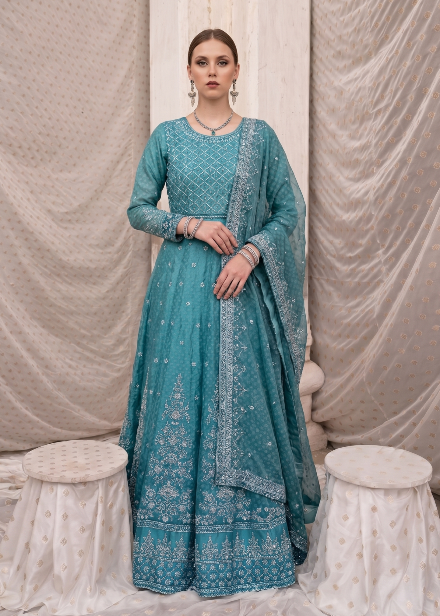 Designer Aqua Chiffon Shalwar Kameez Online in KSA Riyadh Saudi Arabia Oman Bahrain Qatar