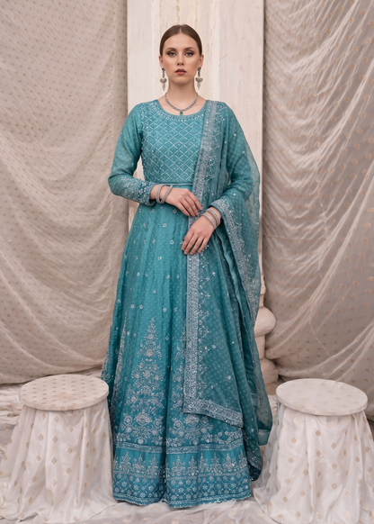 Designer Aqua Chiffon Shalwar Kameez Online in KSA Riyadh Saudi Arabia Oman Bahrain Qatar