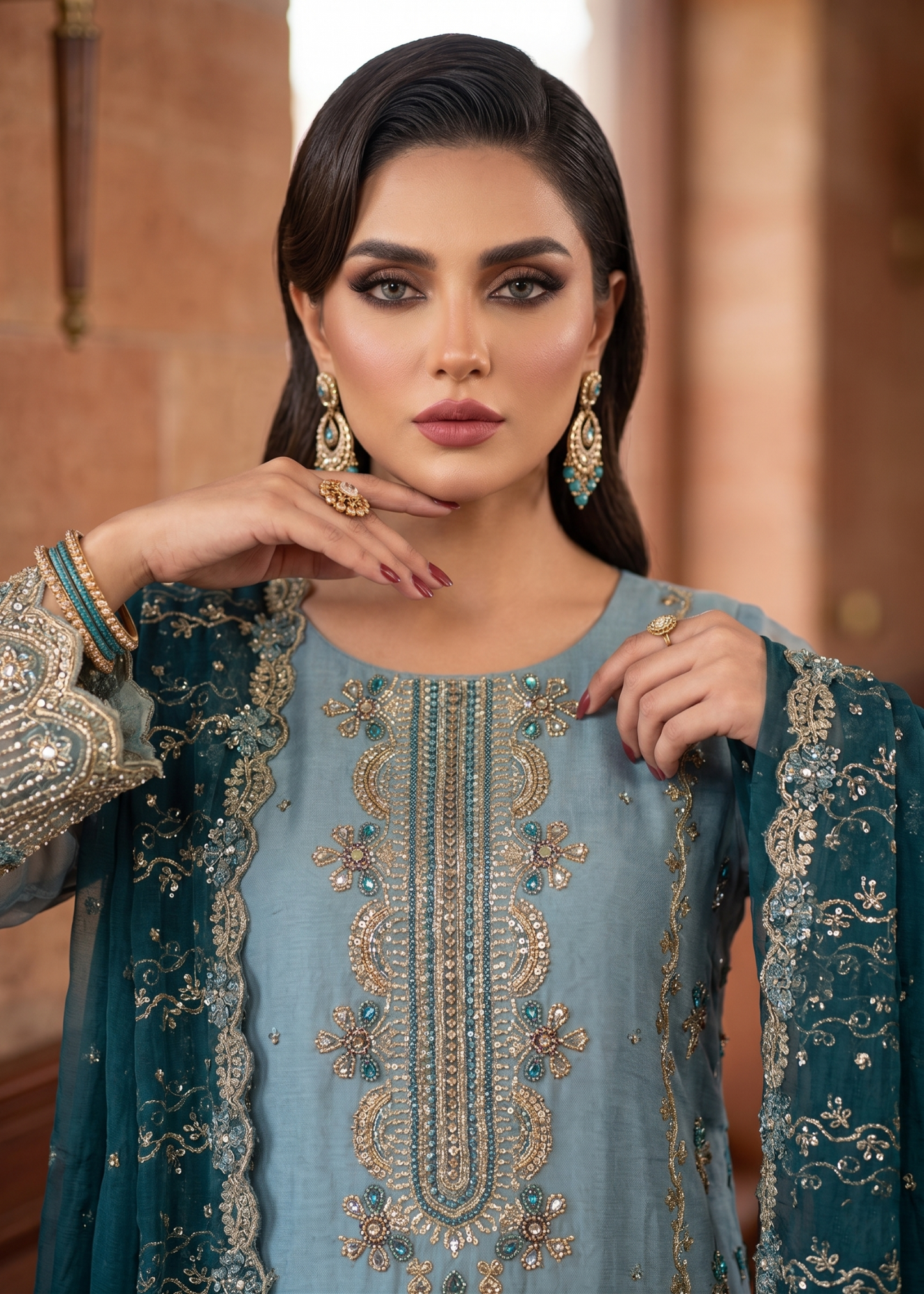 Designer Aqua Embroidered Organza Salwar Kameez Online in KSA Riyadh Saudi Arabia Oman Bahrain Qatar