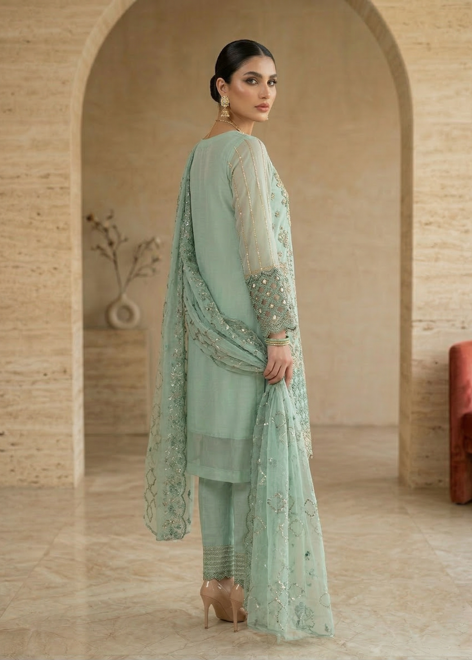 Designer Aqua Organza Pakistani Suit Online in KSA Riyadh Saudi Arabia Oman Bahrain Qatar