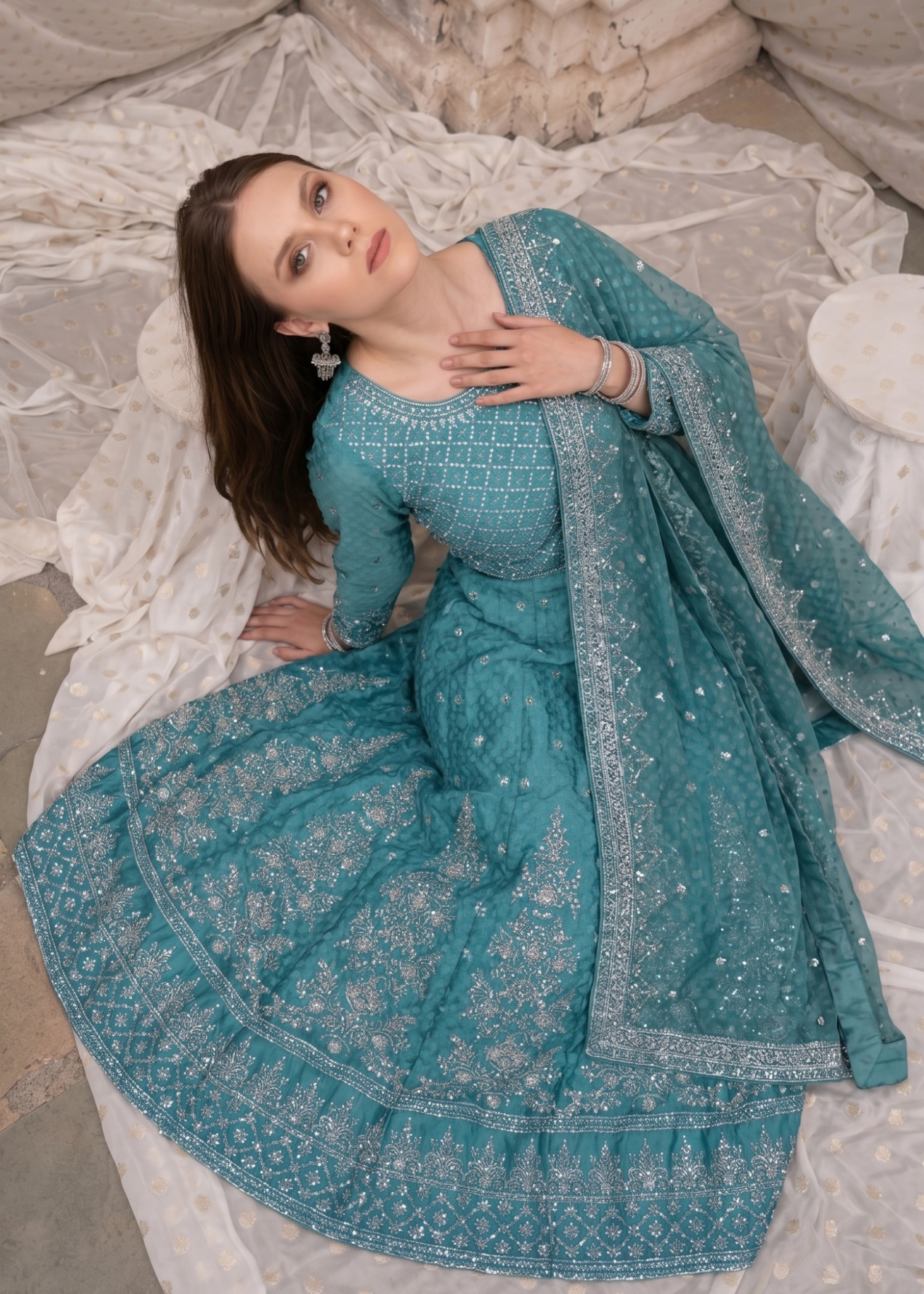 Designer Aquamarine Chiffon Suit Online in Sri Lanka India Australia