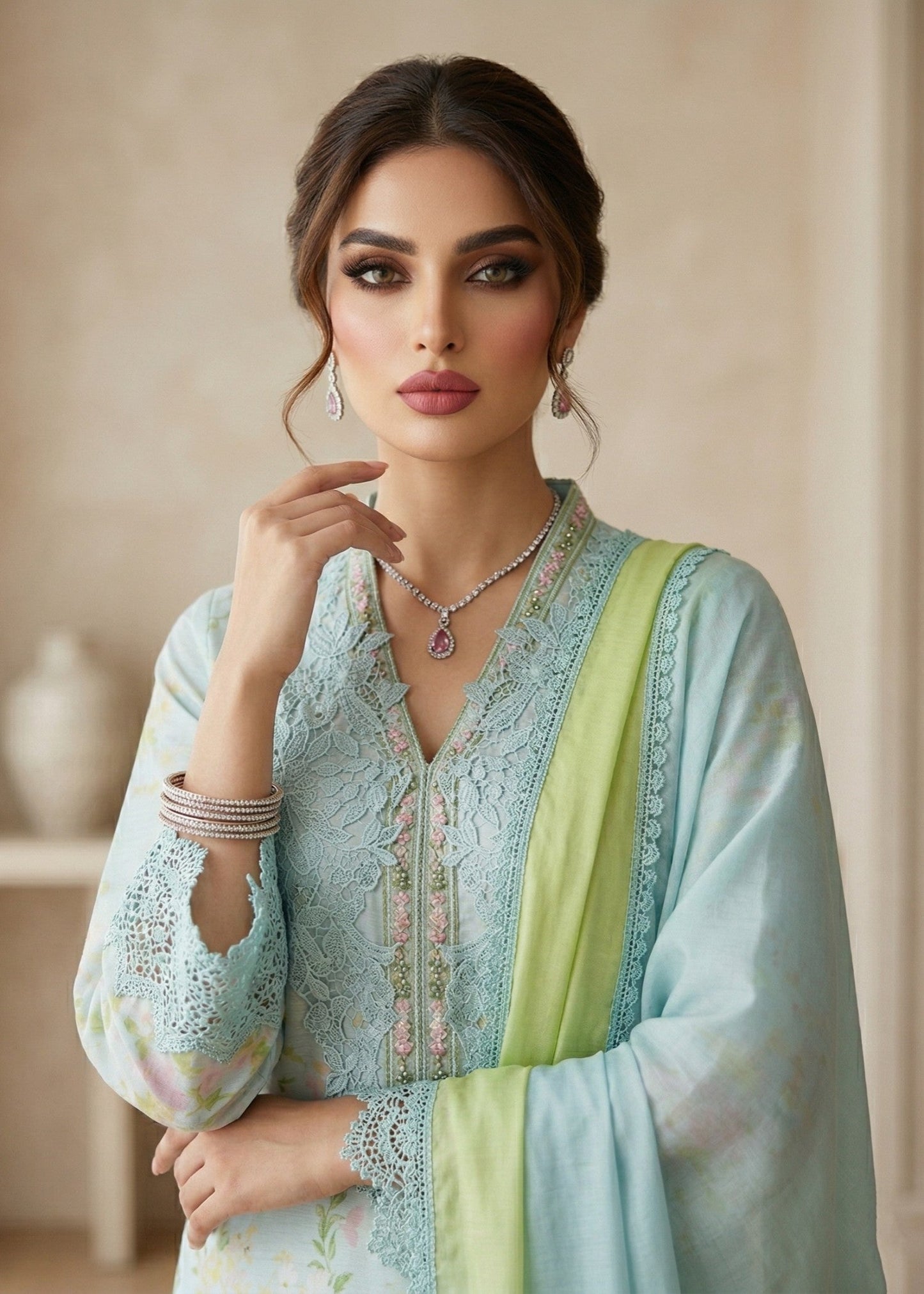 Designer Aquamarine Embroidered Raw Silk Suit Online in KSA Riyadh Saudi Arabia Oman Bahrain Qatar
