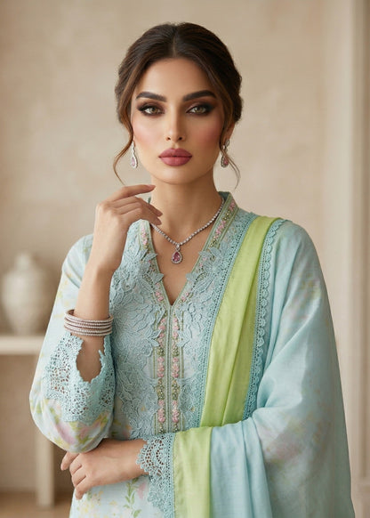 Designer Aquamarine Embroidered Raw Silk Suit Online in KSA Riyadh Saudi Arabia Oman Bahrain Qatar