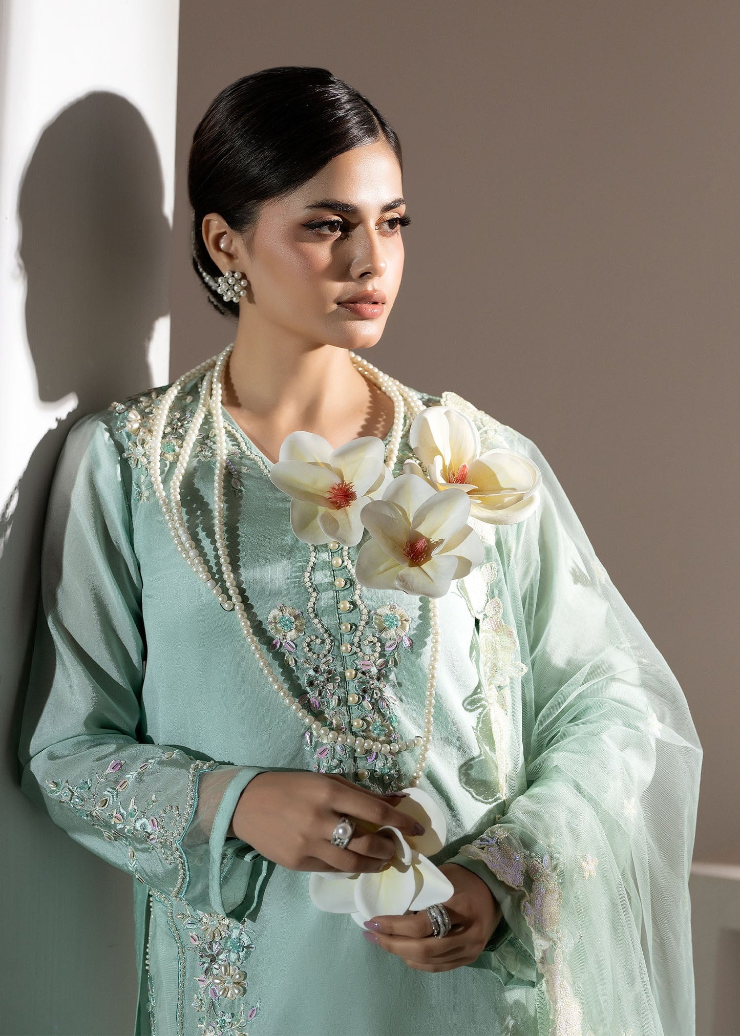 Designer Aquamarine Embroidered Silk Party Wear Suit Online in KSA Riyadh Saudi Arabia Oman Bahrain Qatar