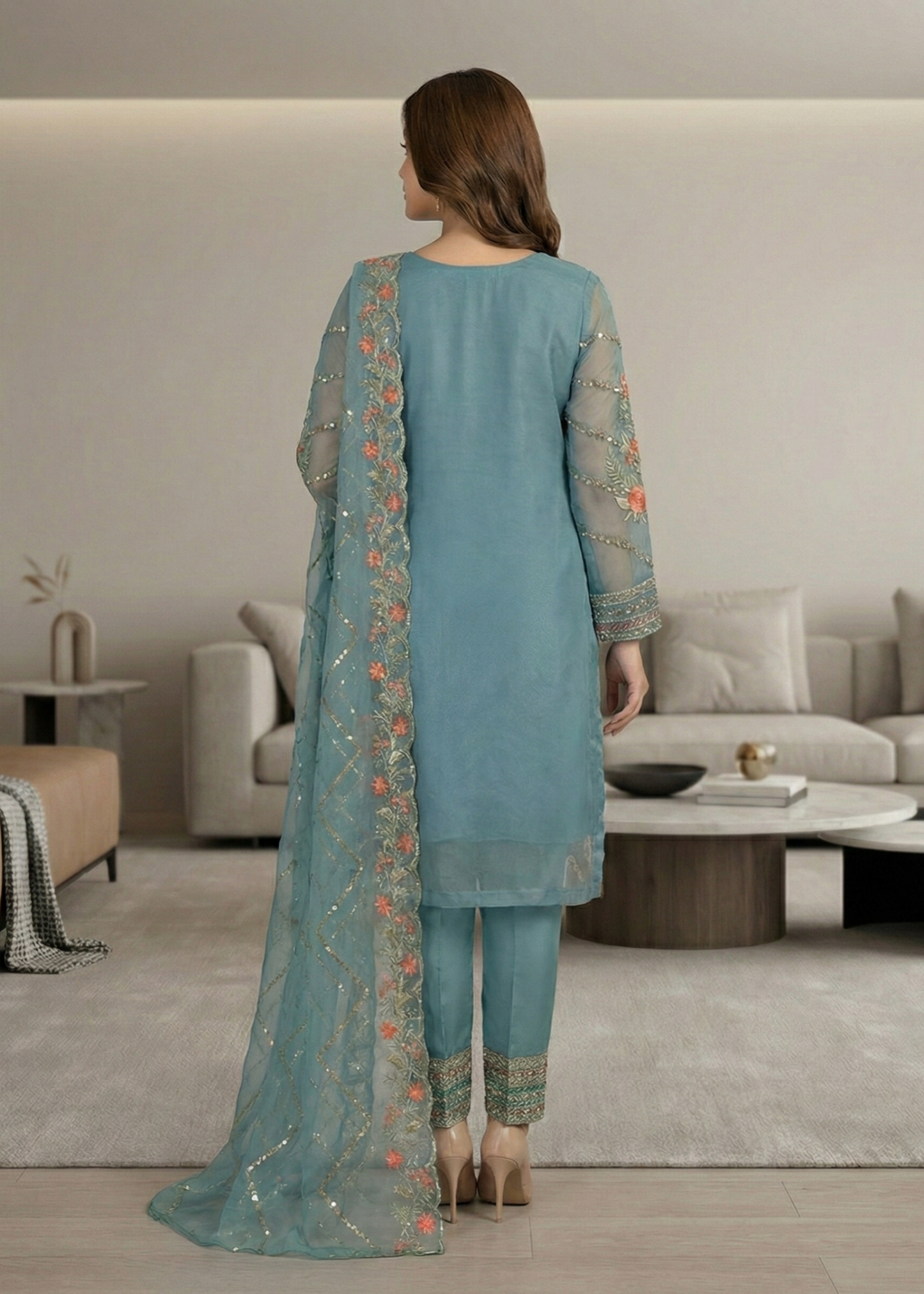 Designer Aquamarine Organza Kurta Pajama Online in KSA Riyadh Saudi Arabia Oman Bahrain Qatar