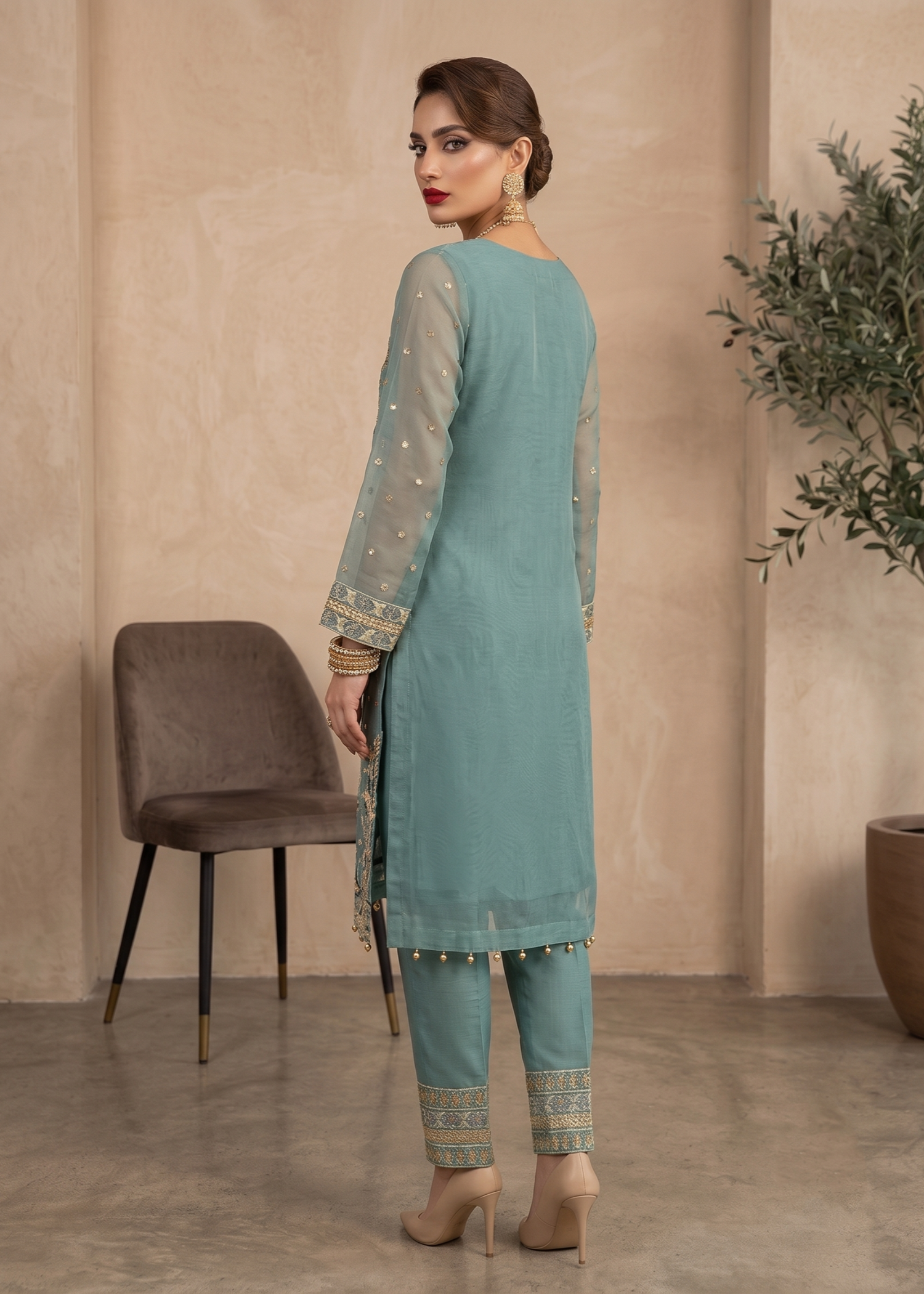 Designer Aquamarine Organza Party Wear Suit Online in KSA Riyadh Saudi Arabia Oman Bahrain Qatar