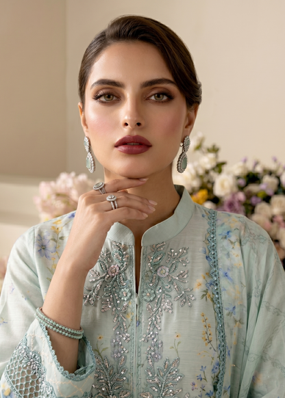 Designer Aquamarine Silk Charmeuse Dupatta Suit Online in KSA Riyadh Saudi Arabia Oman Bahrain Qatar