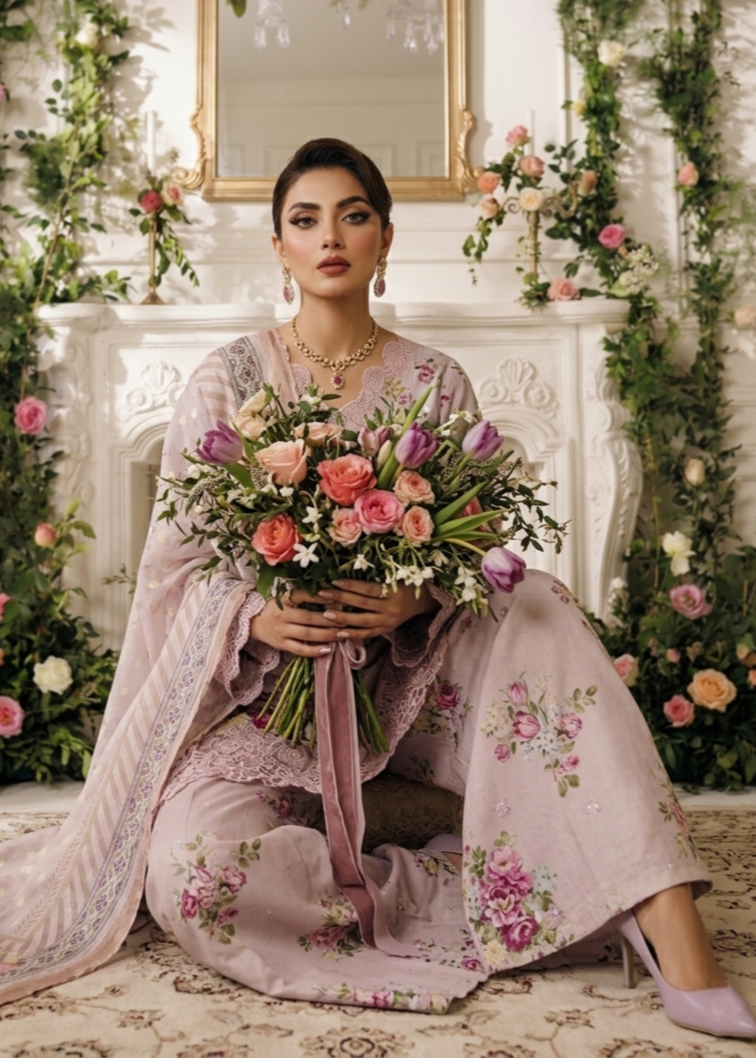 Designer Baby Pink Sharara Suit Lawn Online in KSA Riyadh Saudi Arabia Oman Bahrain Qatar