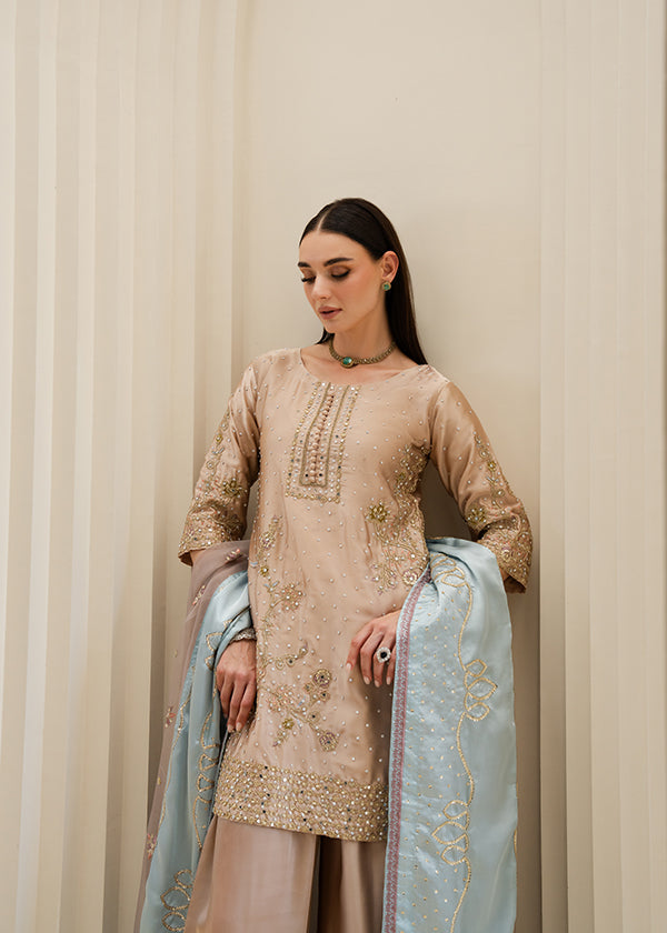 Designer Beige Embroidered Charmuse Salwar Kameez Online in KSA Riyadh Saudi Arabia Oman Bahrain Qatar
