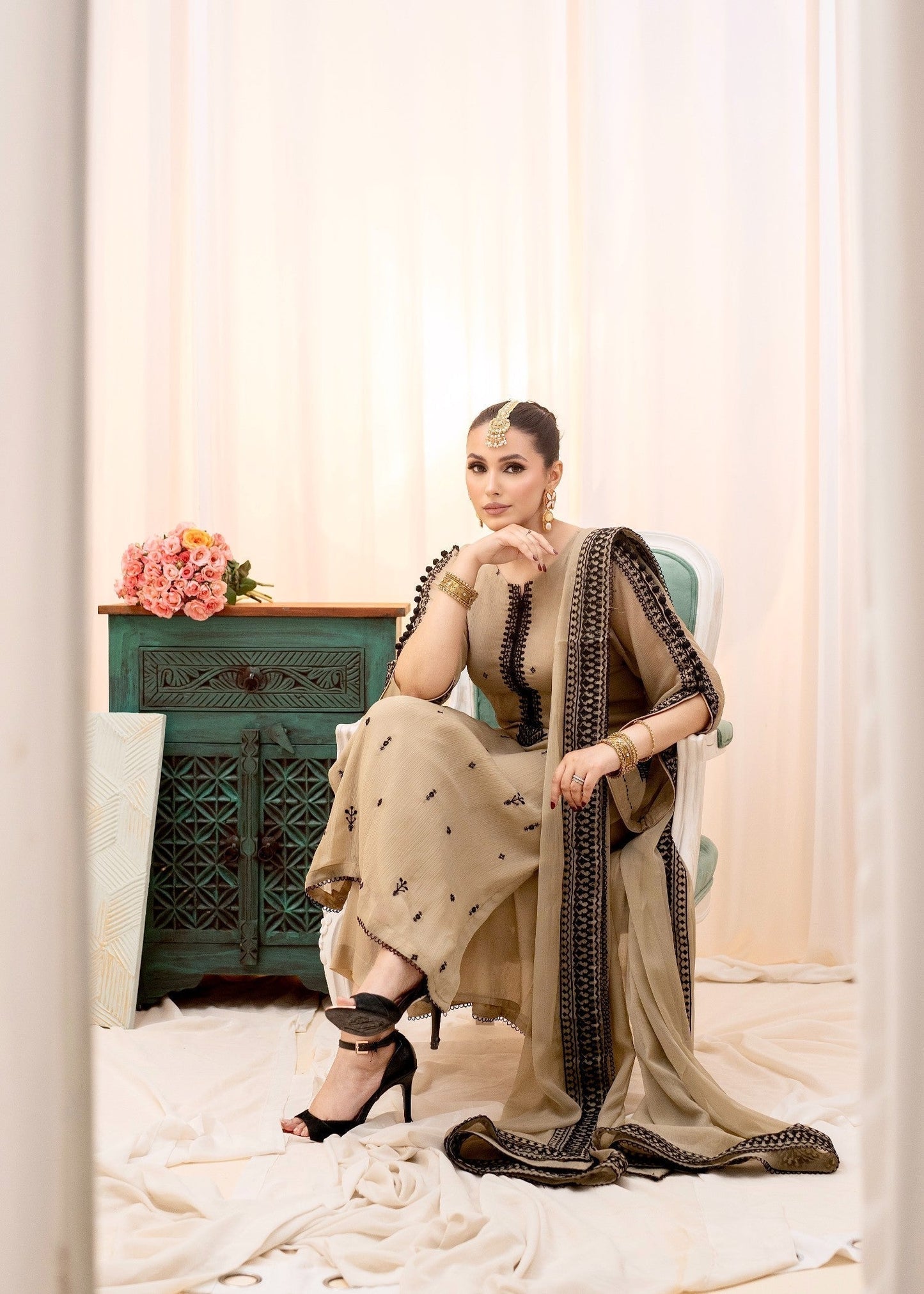 Designer Beige Embroidered Chiffon Suit Online in KSA Riyadh Saudi Arabia Oman Bahrain Qatar