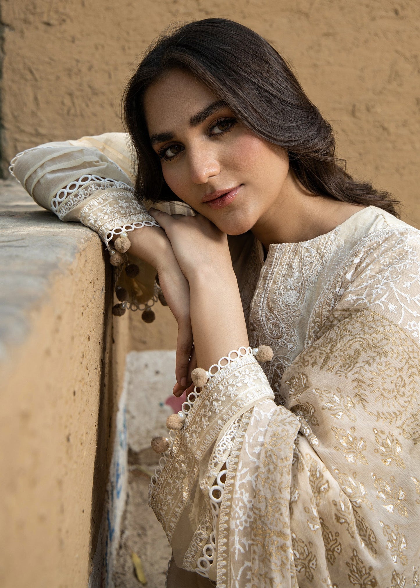 Designer Beige Embroidered Cotton Silk Salwar Kameez Online in KSA Riyadh Saudi Arabia Oman Bahrain Qatar