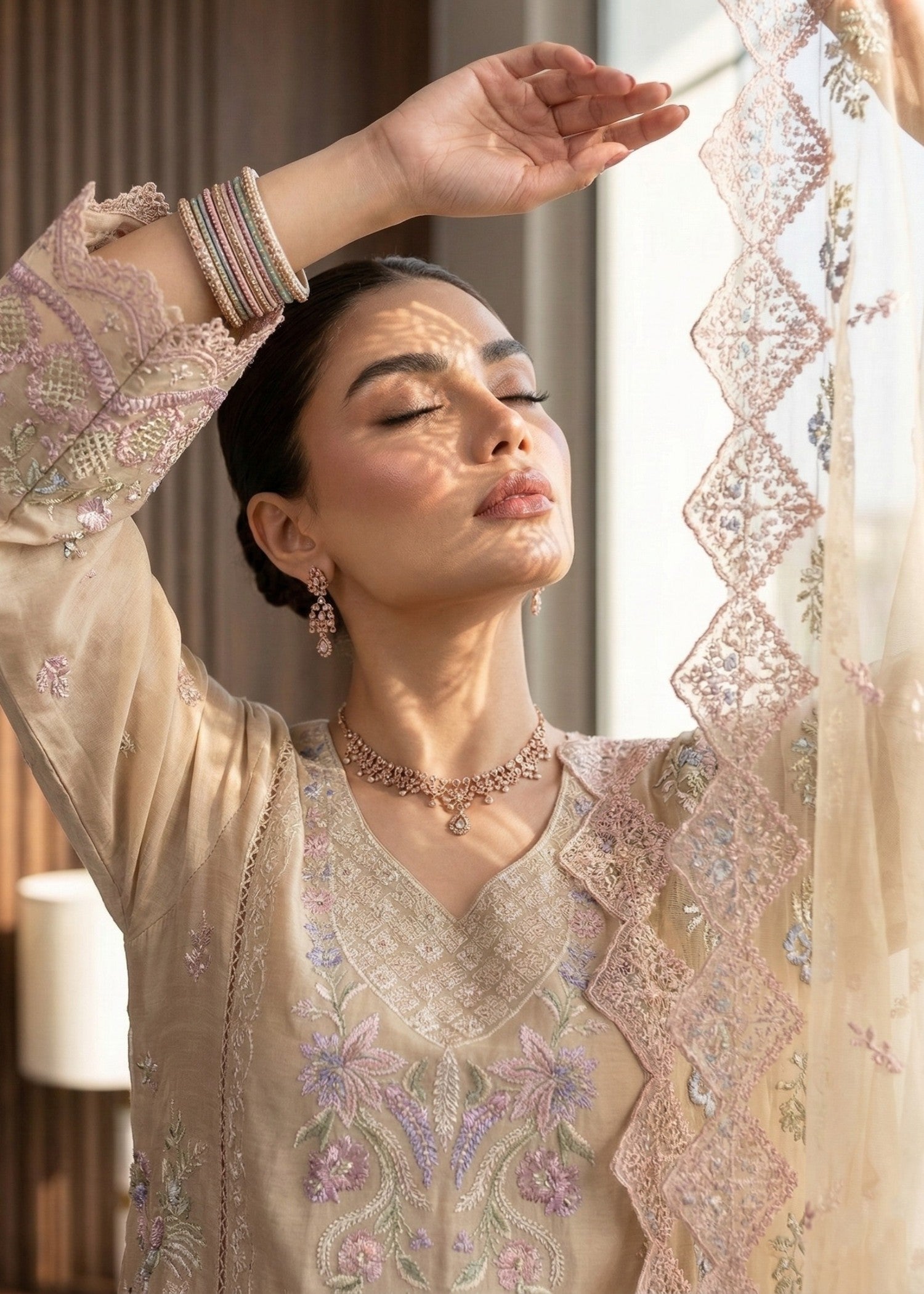 Designer Beige Embroidered Lawn Suit Online in KSA Riyadh Saudi Arabia Oman Bahrain Qatar