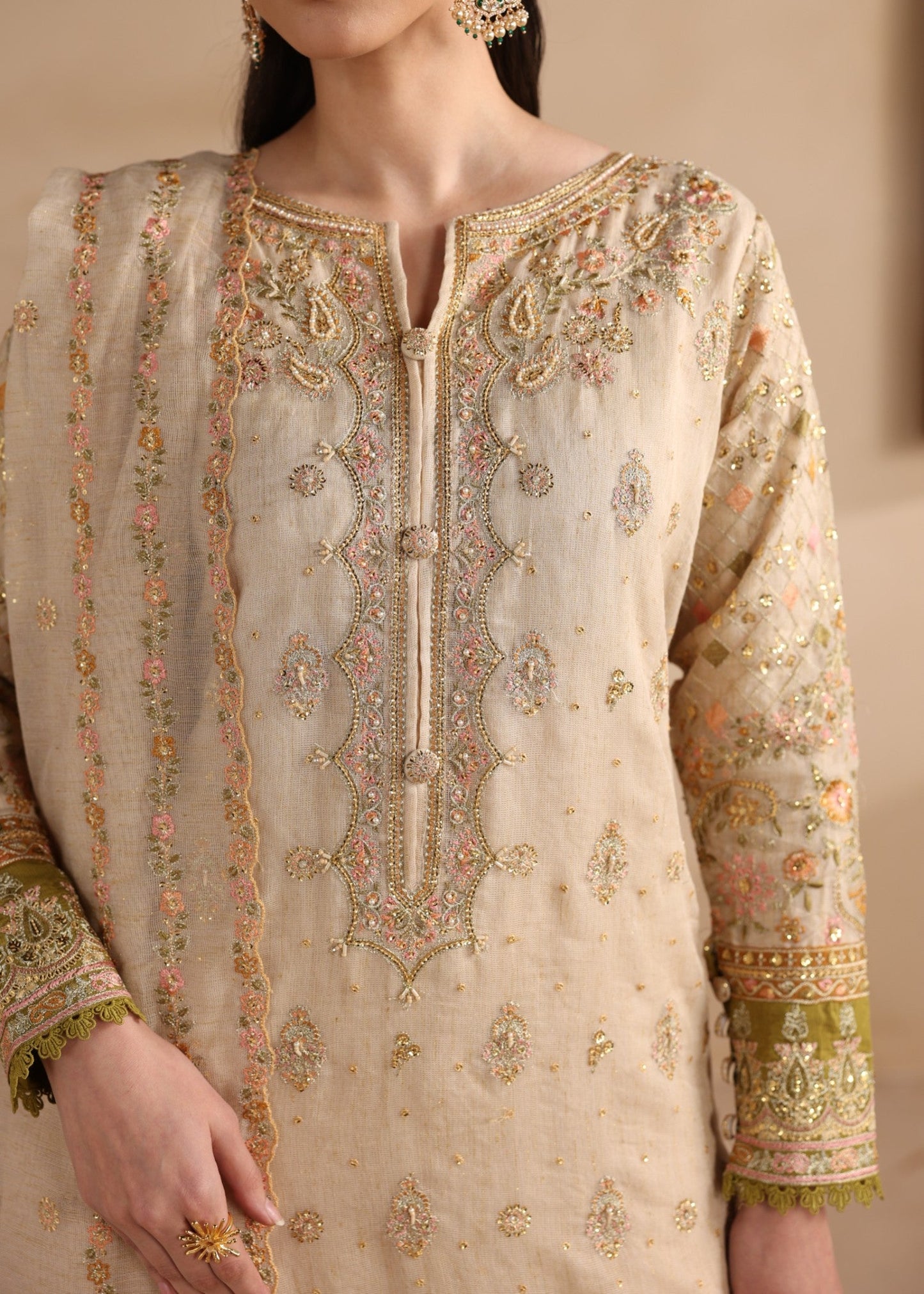 Designer Beige Embroidered Net Salwar Suit Online in Dubai UAE Abudhabi Ajman Sharjah