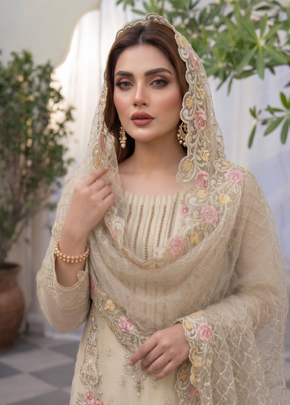Designer Beige Embroidered Organza Suit Online in KSA Riyadh Saudi Arabia Oman Bahrain Qatar