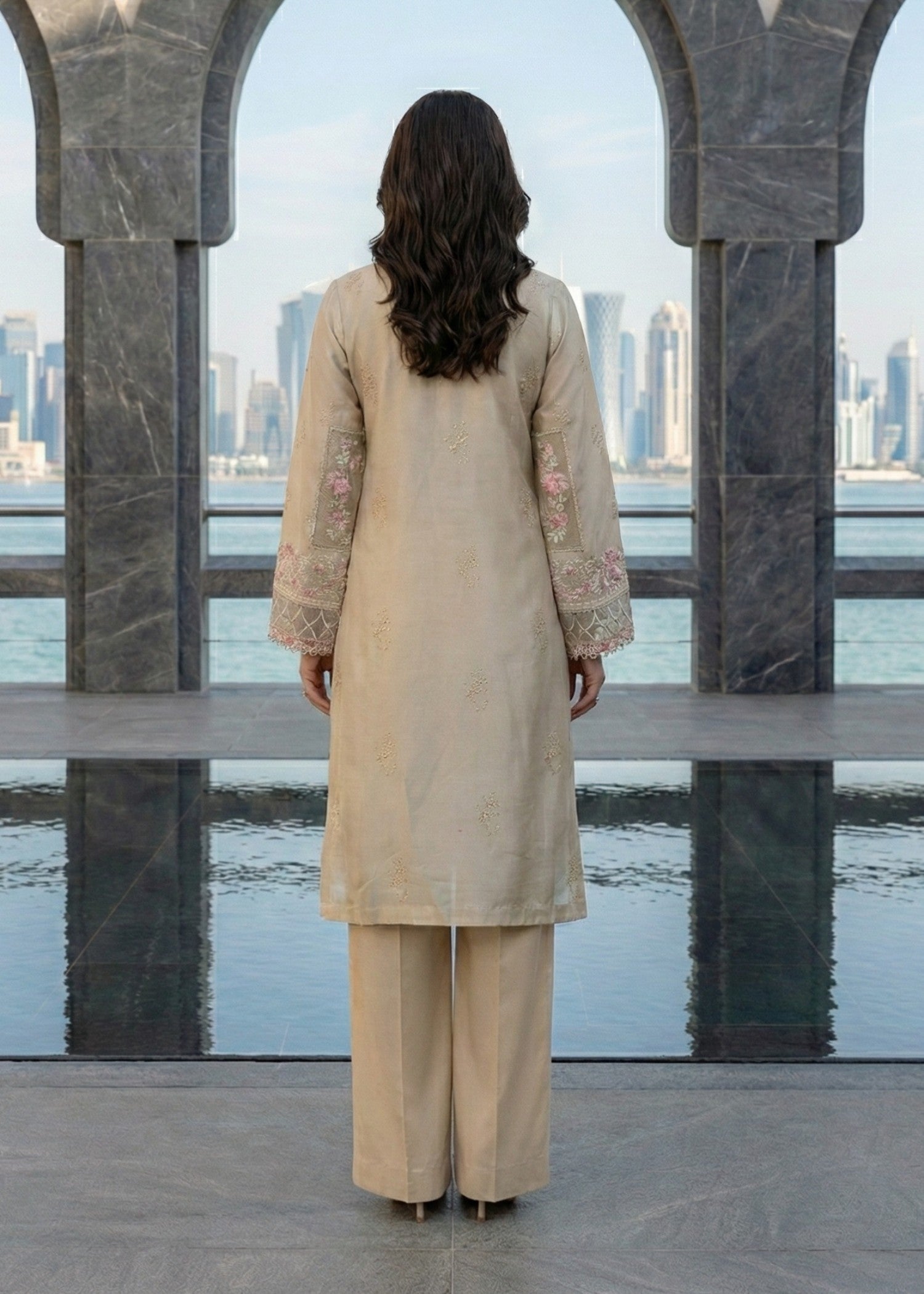 Designer Beige Lawn Suit with Dupatta Online in KSA Riyadh Saudi Arabia Oman Bahrain Qatar