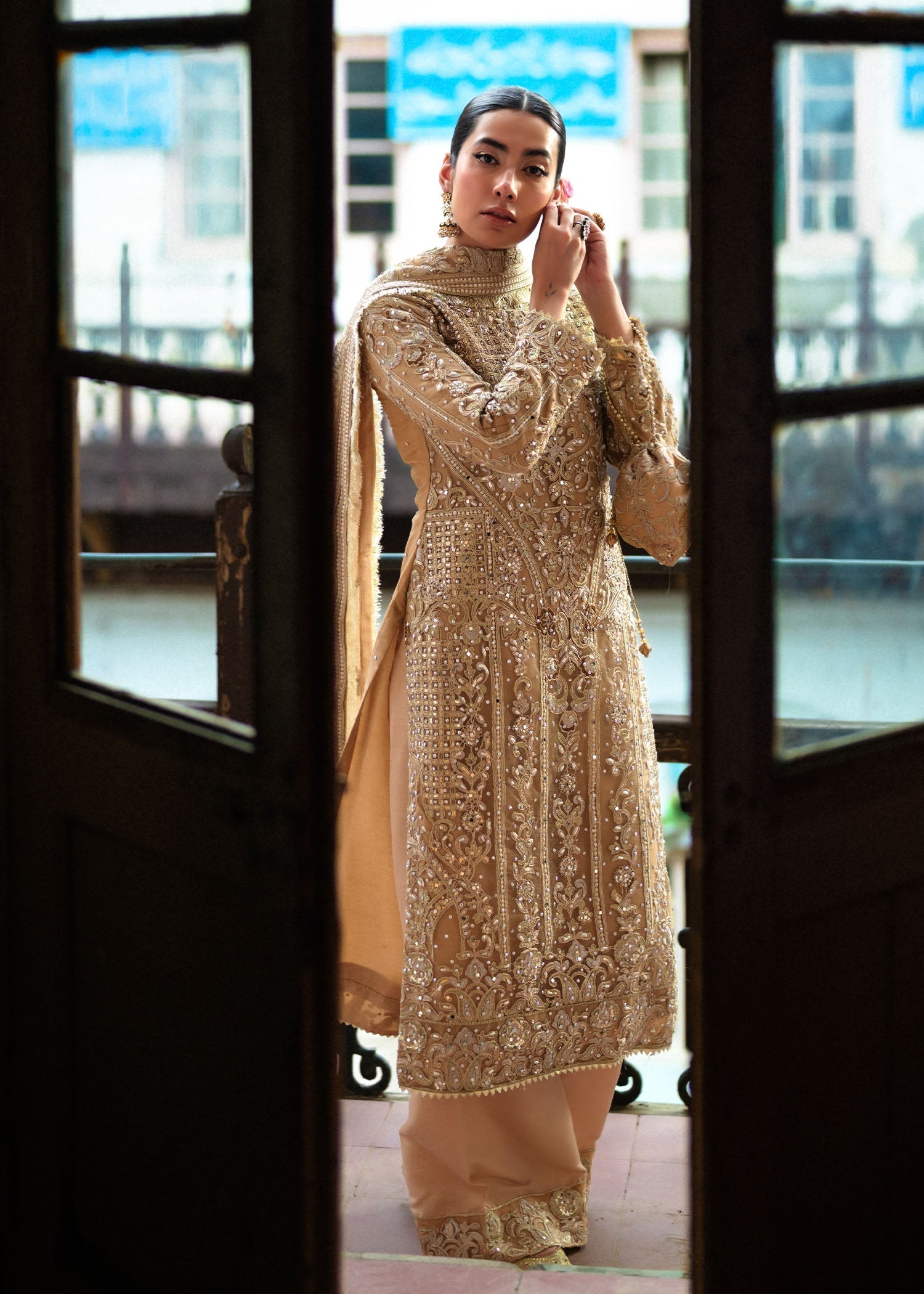 Designer Beige Net Salwar Kameez for Wedding Guest Online in KSA Riyadh Saudi Arabia Oman Bahrain Qatar