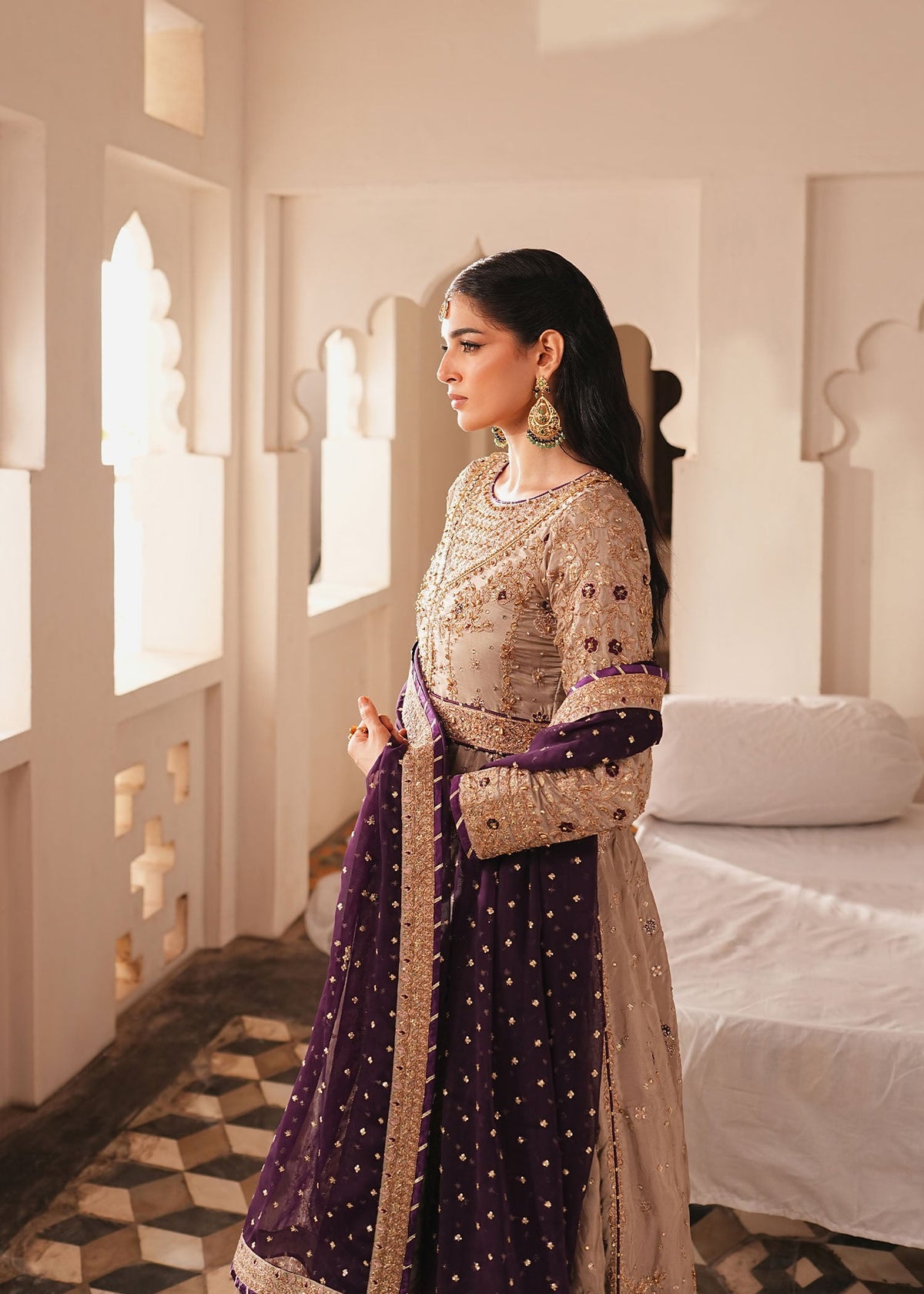 Designer Beige Silk Anarkali with Gharara Online in Dubai UAE Abudhabi Ajman Sharjah