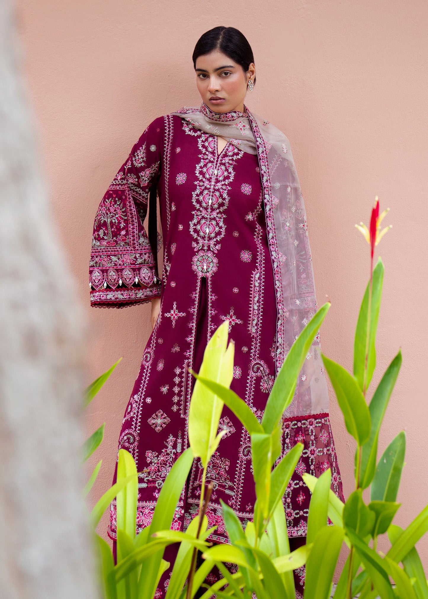 Designer Berry Red Lawn Embroidered Suit Online in KSA Riyadh Saudi Arabia Oman Bahrain Qatar