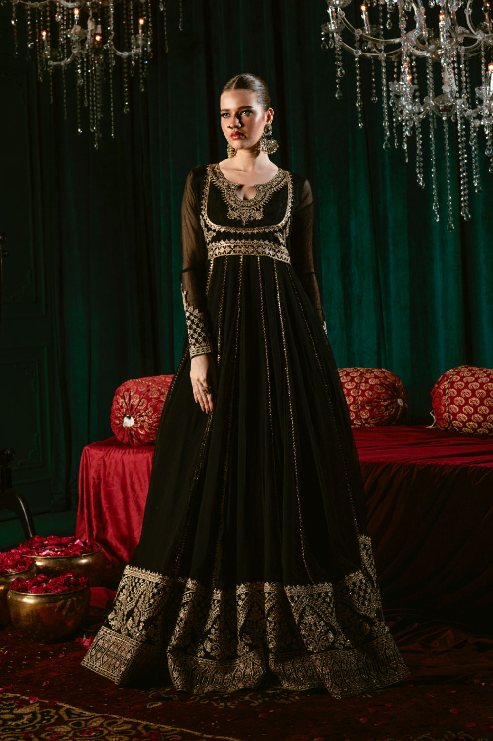 Designer Black Chiffon Embroidered Pishwas Suit Online in KSA Riyadh Saudi Arabia Oman Bahrain Qatar