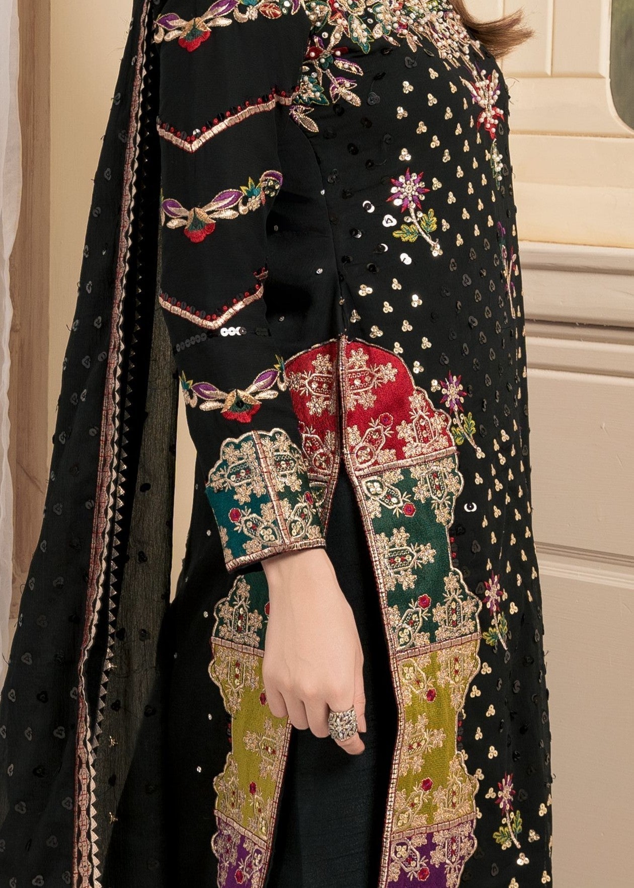 Designer Black Chiffon Salwar Suit Online in KSA Riyadh Saudi Arabia Oman Bahrain Qatar