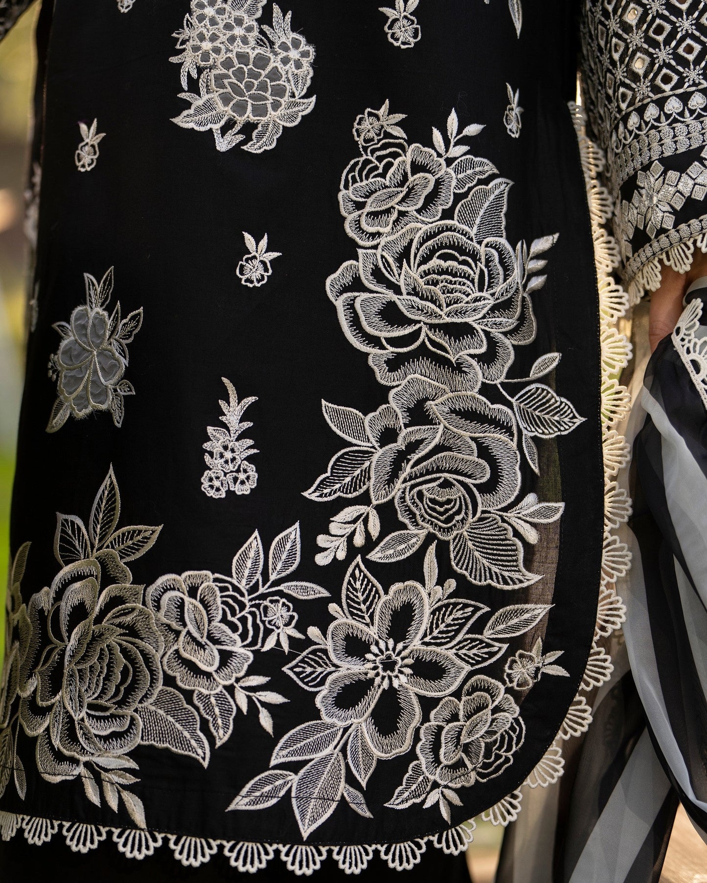 Designer Black Cotton Embroidered Suit with Organza Patch Online in UK USA Canada