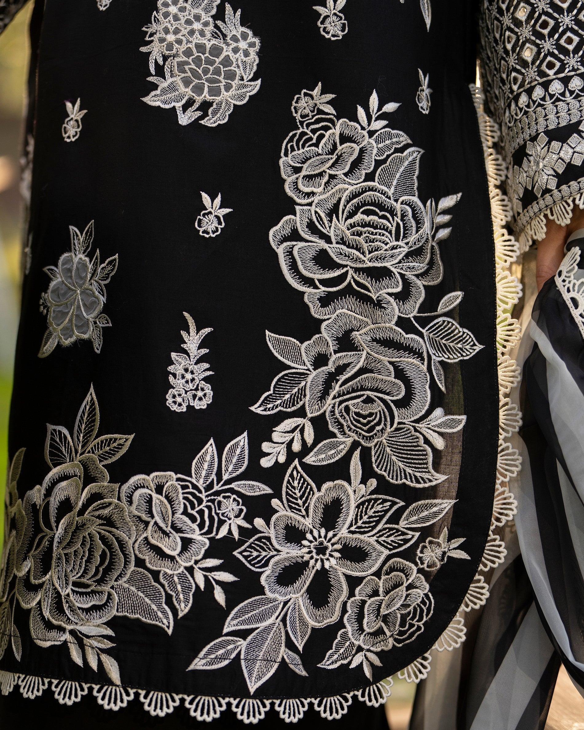 Designer Black Cotton Embroidered Suit with Organza Patch Online in UK USA Canada
