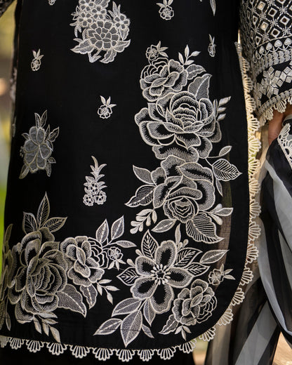 Designer Black Cotton Embroidered Suit with Organza Patch Online in UK USA Canada