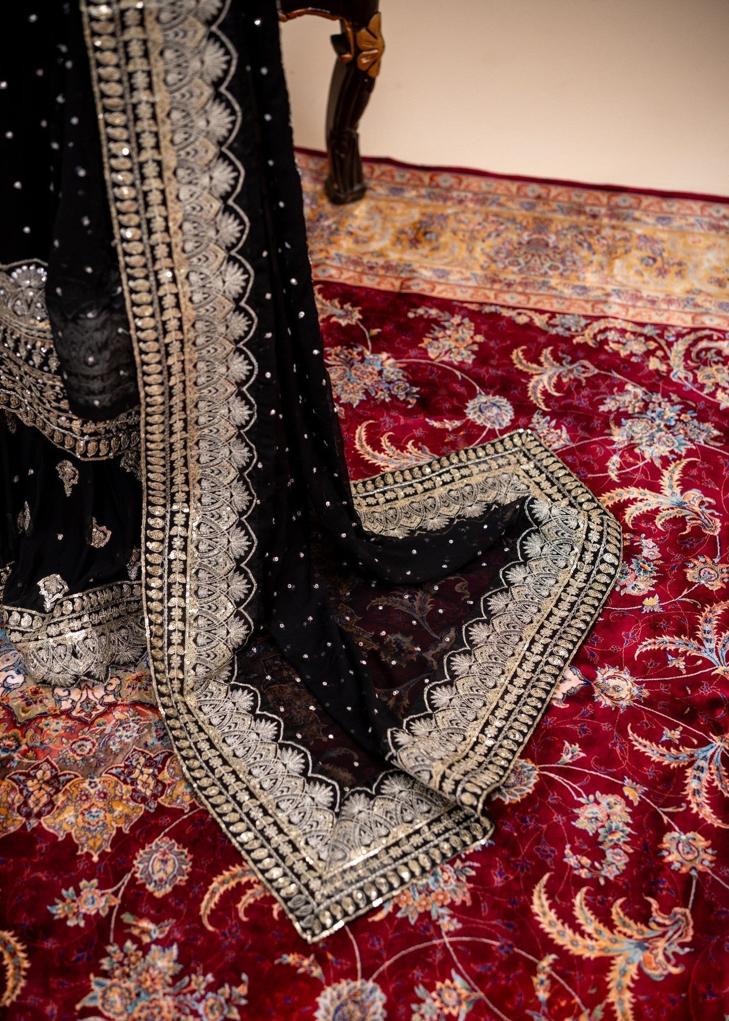 Designer Black Embroidered Bemberg Crinkle Chiffon Gharara Online in UK USA Canada
