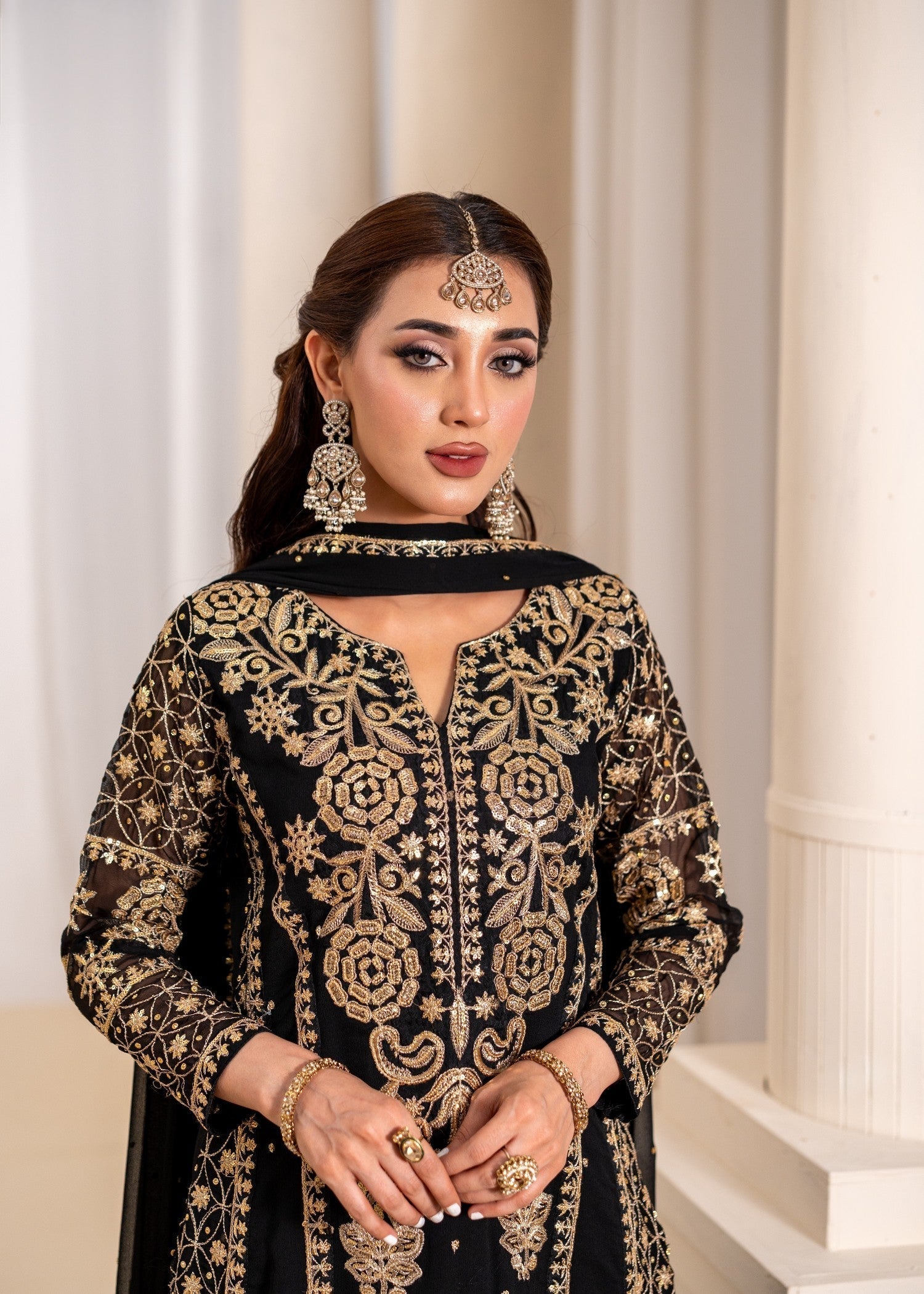 Designer Black Embroidered Bemberg Crinkle Chiffon Suit Online in KSA Riyadh Saudi Arabia Oman Bahrain Qatar