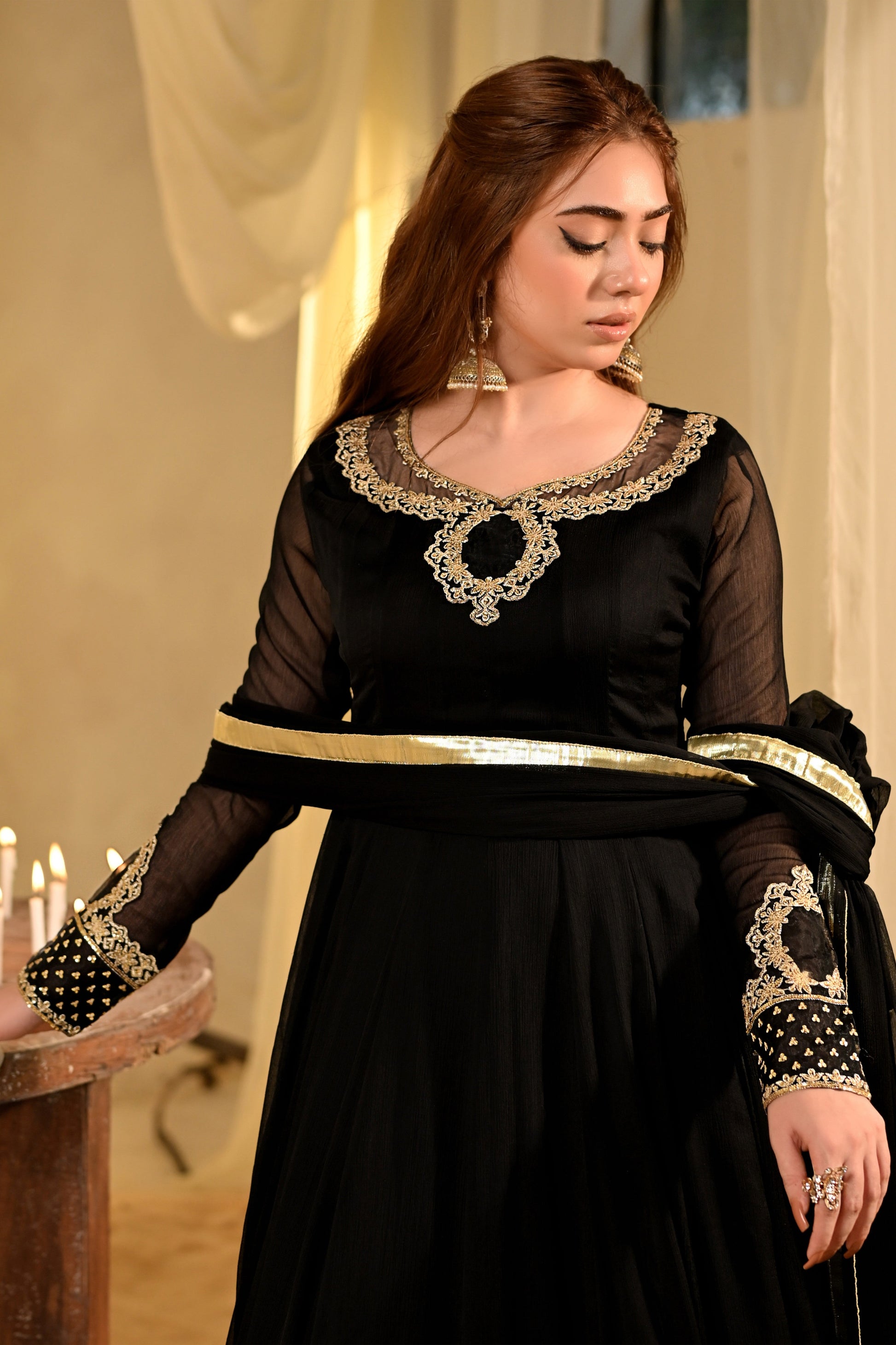 Designer Black Embroidered Chiffon Maxi Dress Online in KSA Riyadh Saudi Arabia Oman Bahrain Qatar
