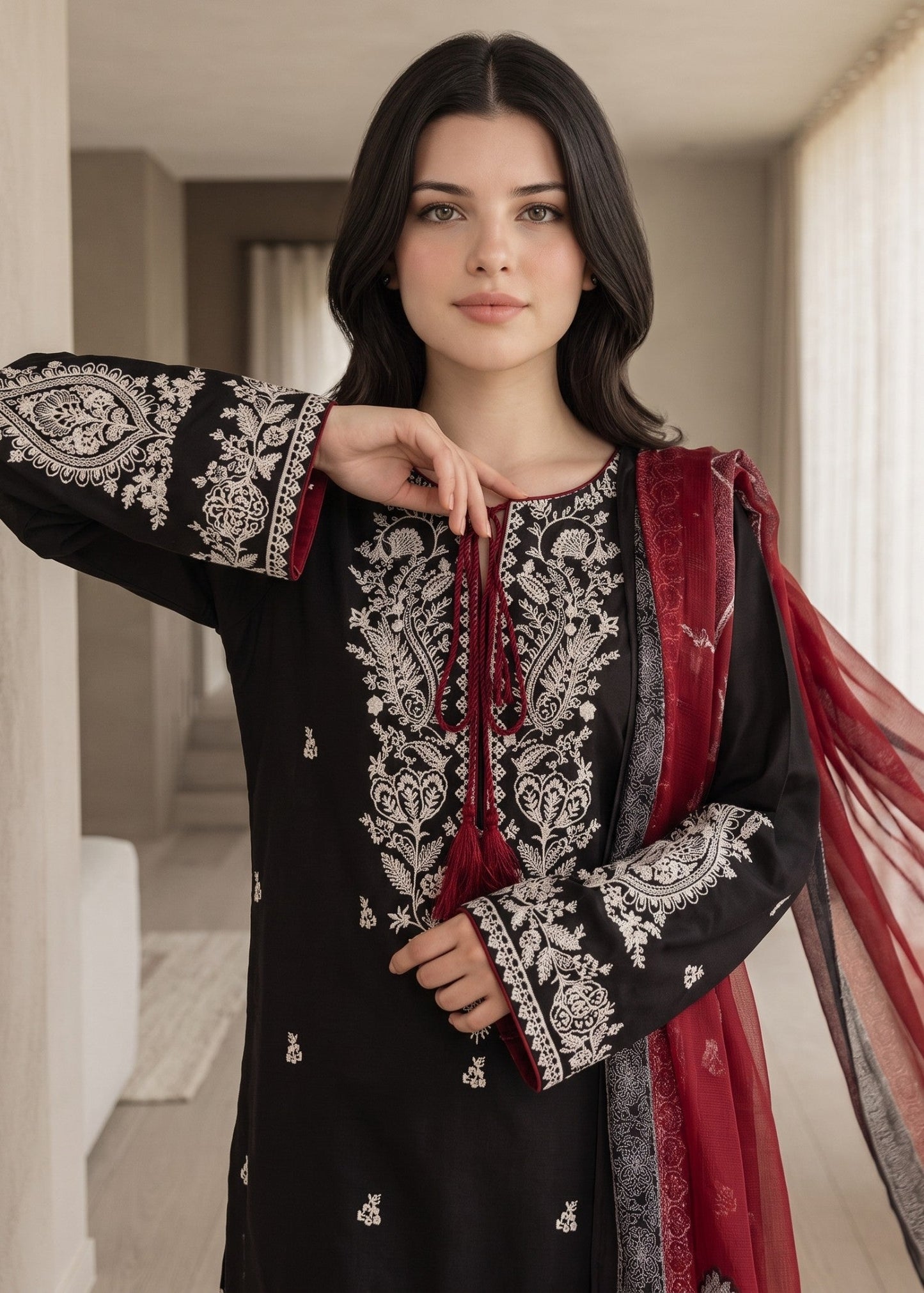 Designer Black Embroidered Lawn Cotton Pakistani Suit Online in KSA Riyadh Saudi Arabia Oman Bahrain Qatar