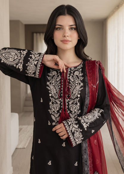 Designer Black Embroidered Lawn Cotton Pakistani Suit Online in KSA Riyadh Saudi Arabia Oman Bahrain Qatar