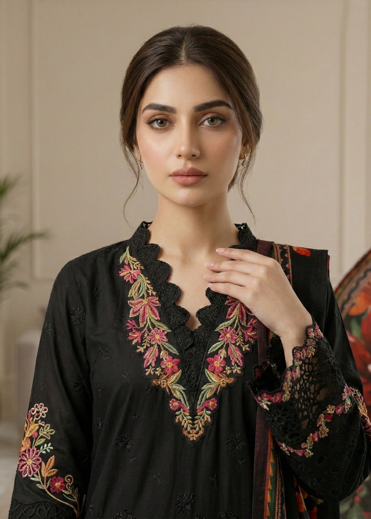 Designer Black Embroidered Lawn Salwar Suit Online in KSA Riyadh Saudi Arabia Oman Bahrain Qatar