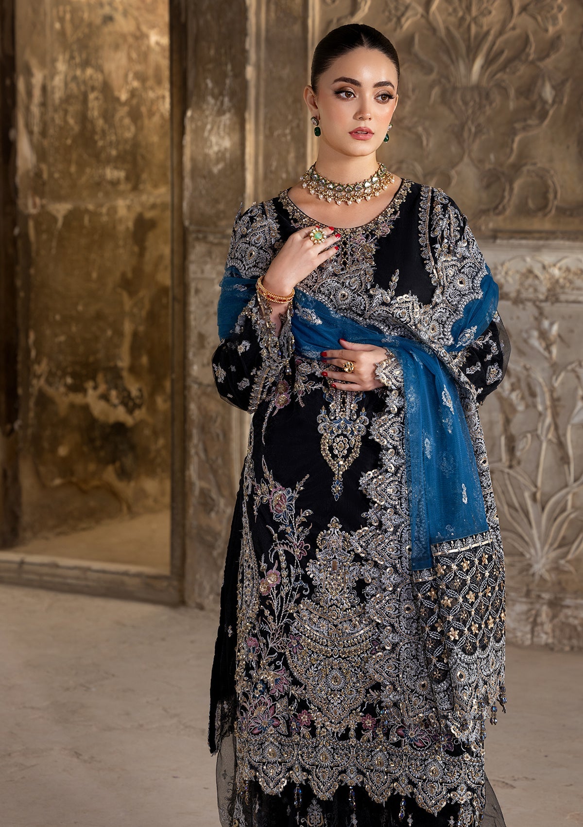 Designer Black Embroidered Net Salwar Suit Online in KSA Riyadh Saudi Arabia Oman Bahrain Qatar