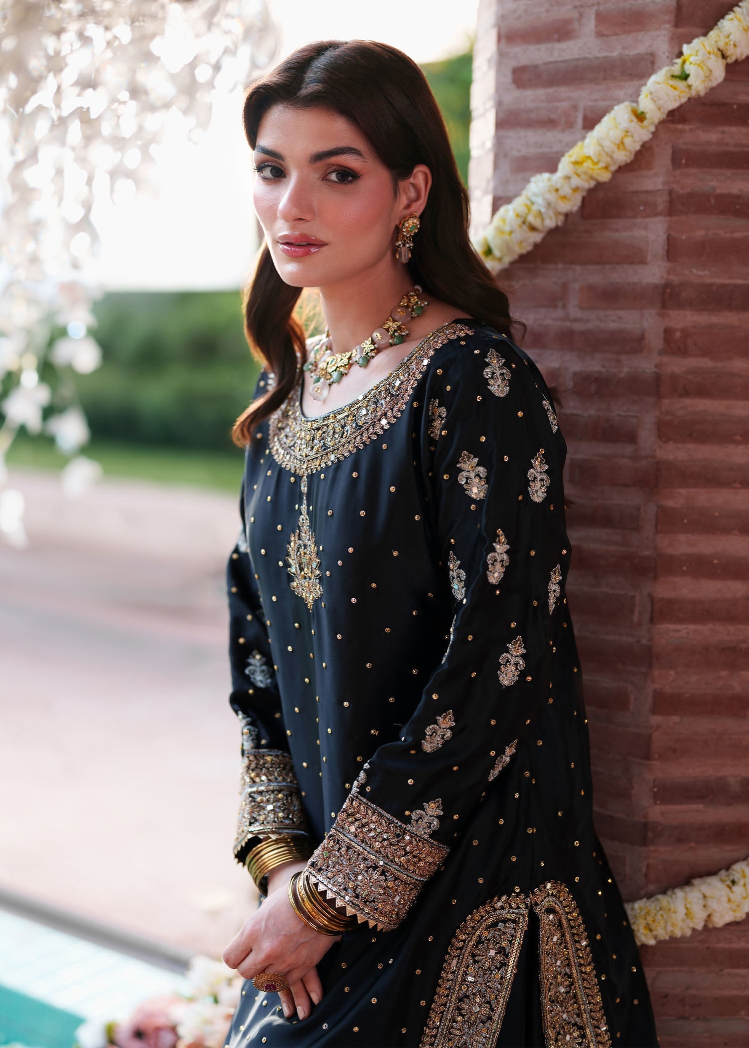 Designer Black Silk Kurti with Flared Lehenga Online in KSA Riyadh Saudi Arabia Oman Bahrain Qatar