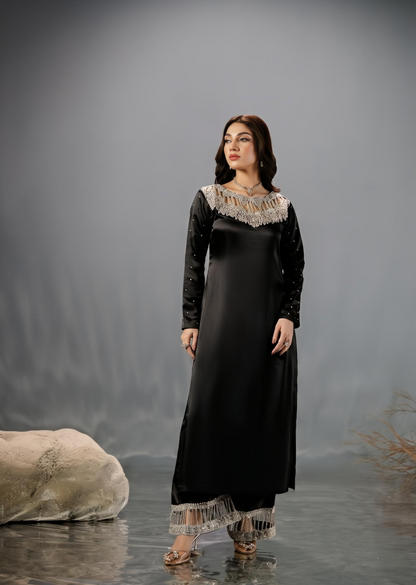 Designer Black Silk Salwar Kameez with Organza Dupatta Online in KSA Riyadh Saudi Arabia Oman Bahrain Qatar