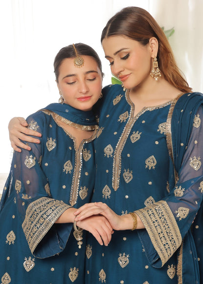 Designer Blue Chiffon Embroidered Kurta Set Online in KSA Riyadh Saudi Arabia Oman Bahrain Qatar