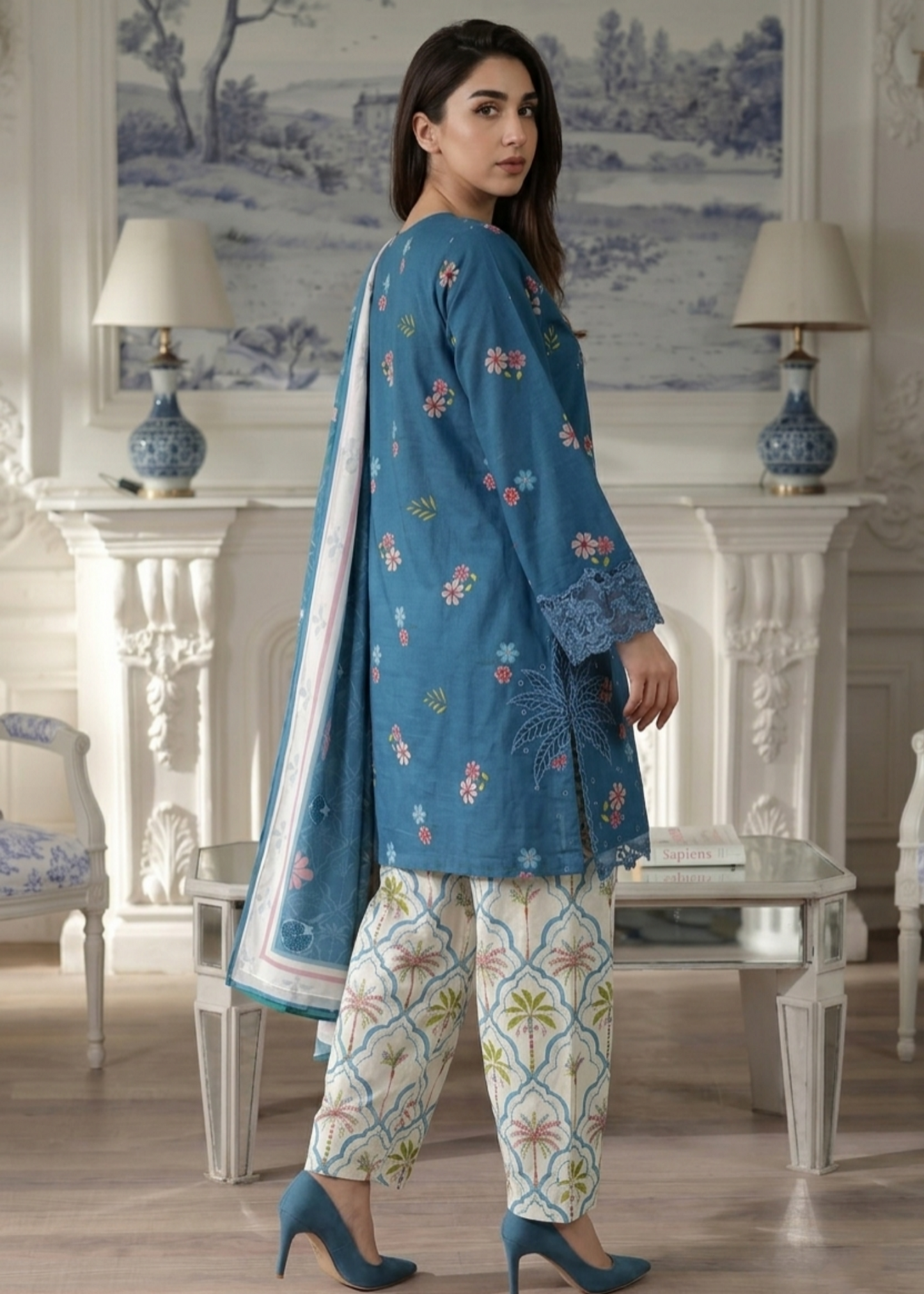 Designer Blue Embroidered Lawn Suit Online in KSA Riyadh Saudi Arabia Oman Bahrain Qatar