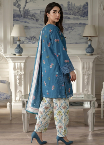 Designer Blue Embroidered Lawn Suit Online in KSA Riyadh Saudi Arabia Oman Bahrain Qatar