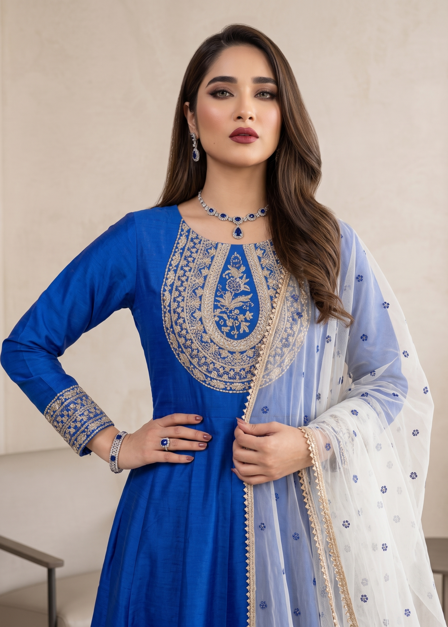 Designer Blue Silk Maxi with Organza Dupatta Online in KSA Riyadh Saudi Arabia Oman Bahrain Qatar
