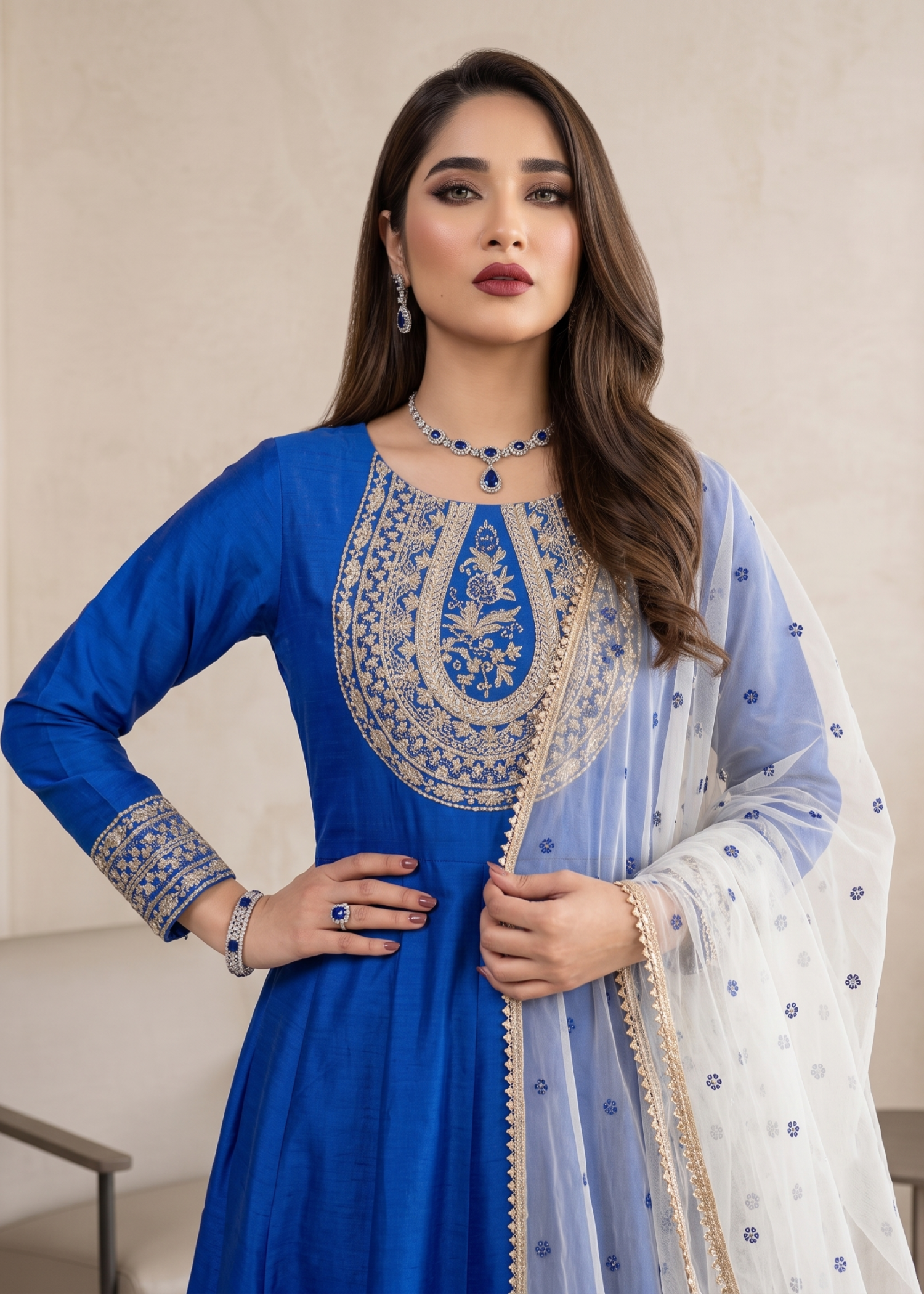 Designer Blue Silk Maxi with Organza Dupatta Online in KSA Riyadh Saudi Arabia Oman Bahrain Qatar