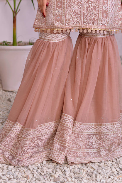Designer Blush Pink Chiffon Pakistani Gharara Outfit Online in KSA Riyadh Saudi Arabia Oman Bahrain Qatar